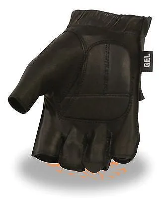 MEN'S FINGERLESS W/GEL PALM & VELCRO FLAP VERY SOFT LEATHER BLACK FULL PANEL