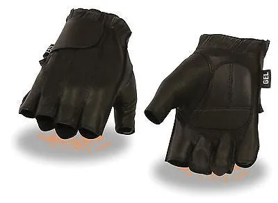 MEN'S FINGERLESS W/GEL PALM & VELCRO FLAP VERY SOFT LEATHER BLACK FULL PANEL