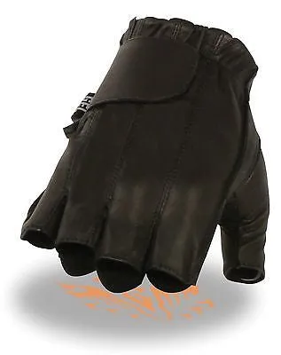 MEN'S FINGERLESS W/GEL PALM & VELCRO FLAP VERY SOFT LEATHER BLACK FULL PANEL