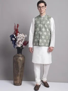 Men's Green Printed Nehru Jacket With Solid Kurta Pyjama.