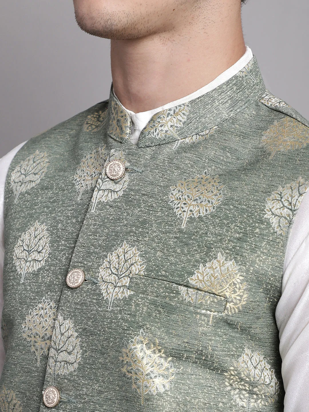 Men's Green Printed Nehru Jacket With Solid Kurta Pyjama.