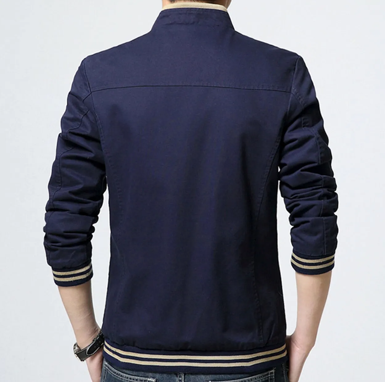 Mens Navy Stand Collar Zipper Jacket