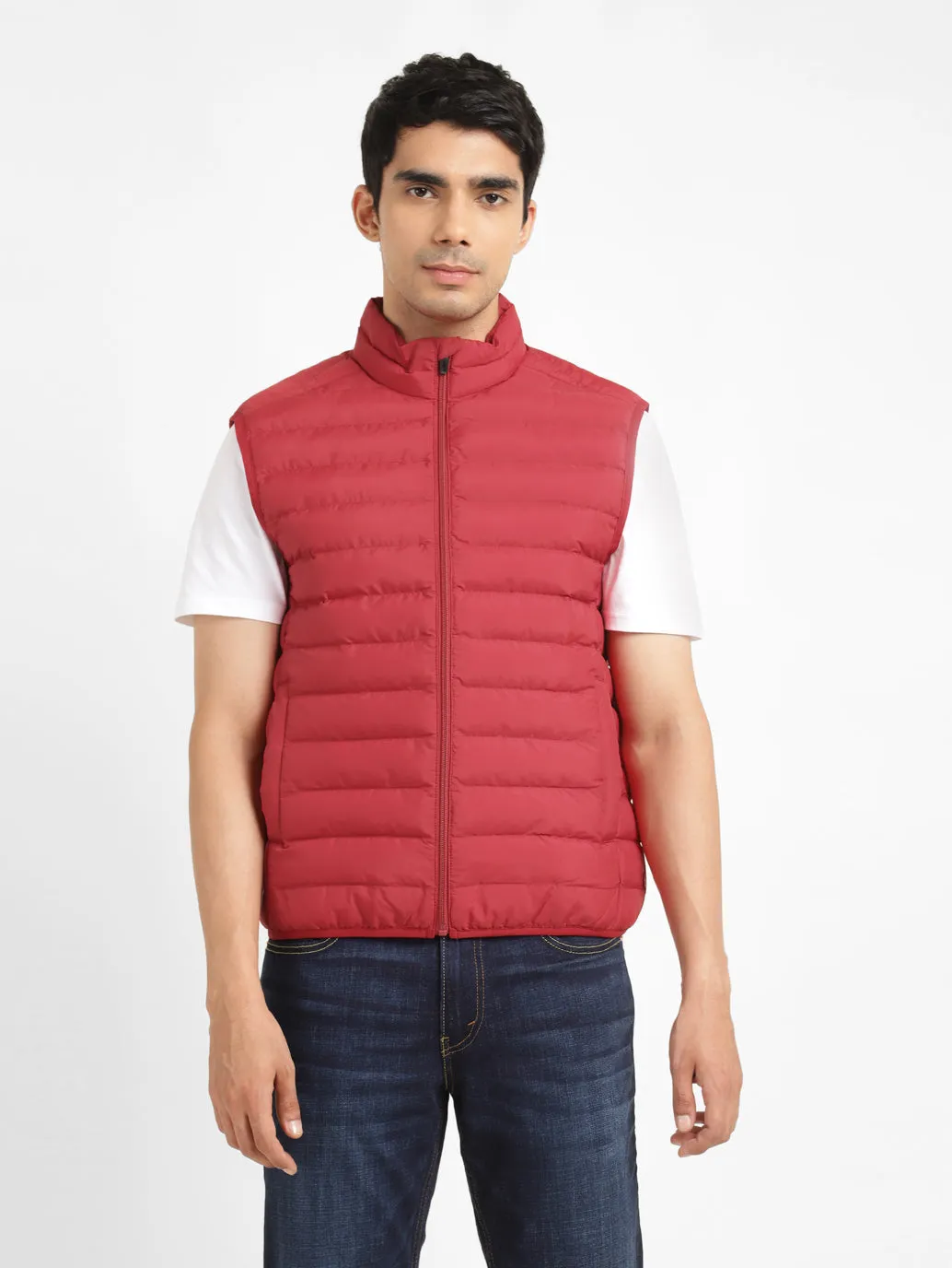 Men's Solid Red Sleeveless Quilted Jacket