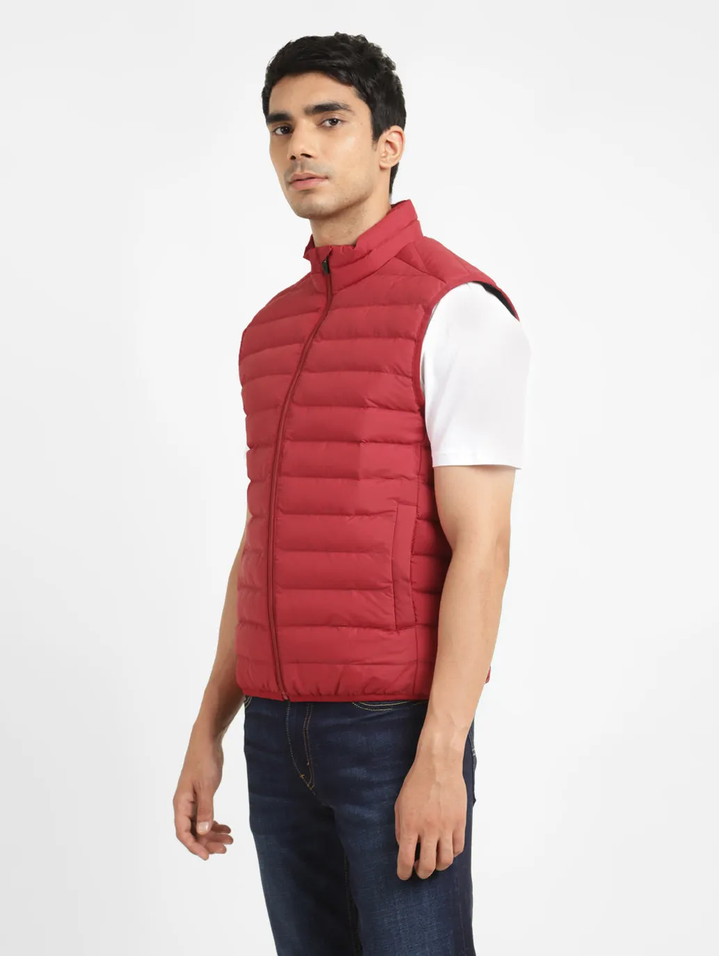 Men's Solid Red Sleeveless Quilted Jacket