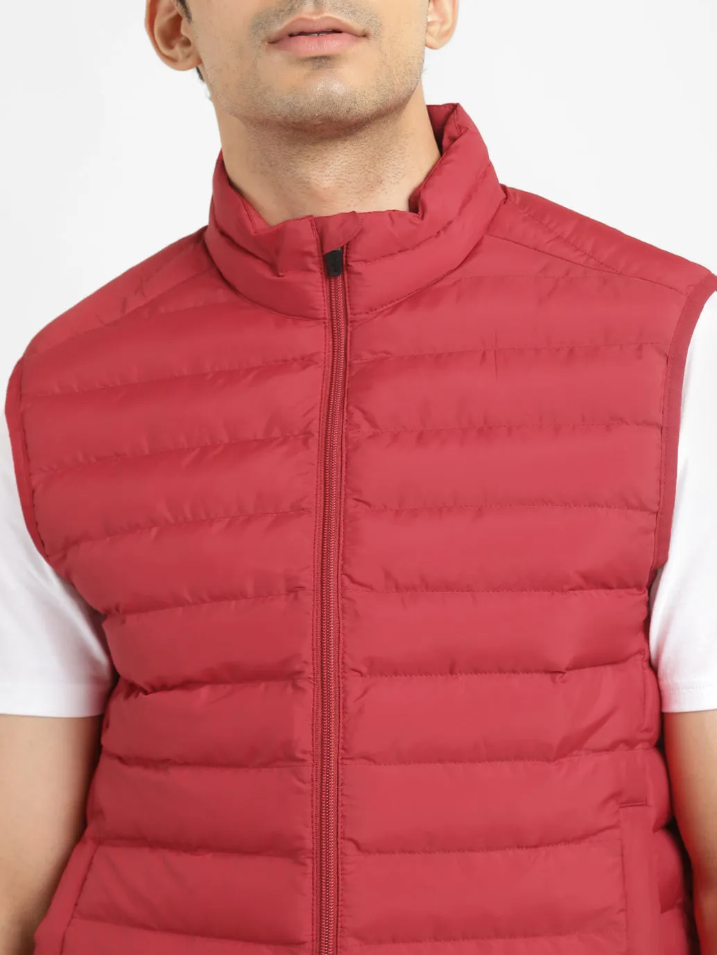 Men's Solid Red Sleeveless Quilted Jacket