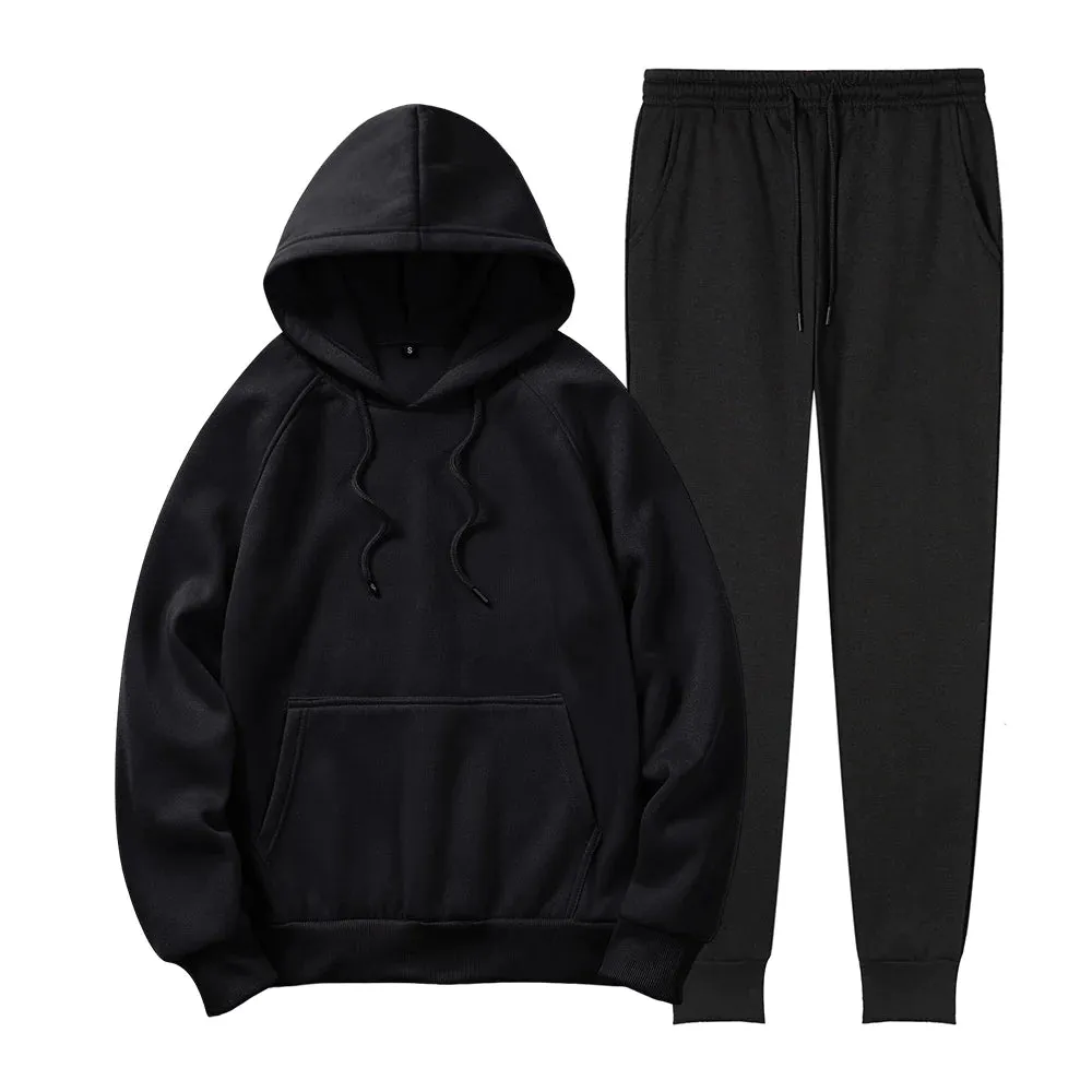 Men's Sports Solid Color Pullover Fleece Hoodies Joggers Two Piece Set