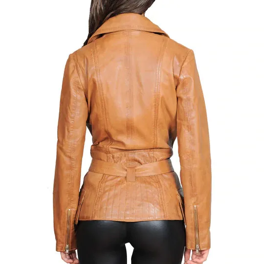 Mid Length Fitted Women's Sheepskin Leather Biker Jacket