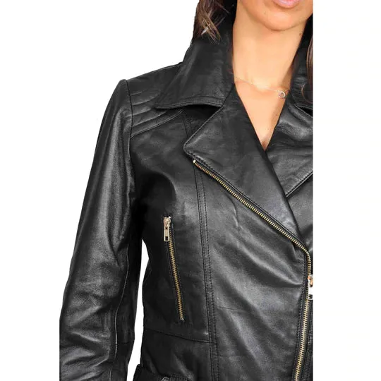 Mid Length Fitted Women's Sheepskin Leather Biker Jacket