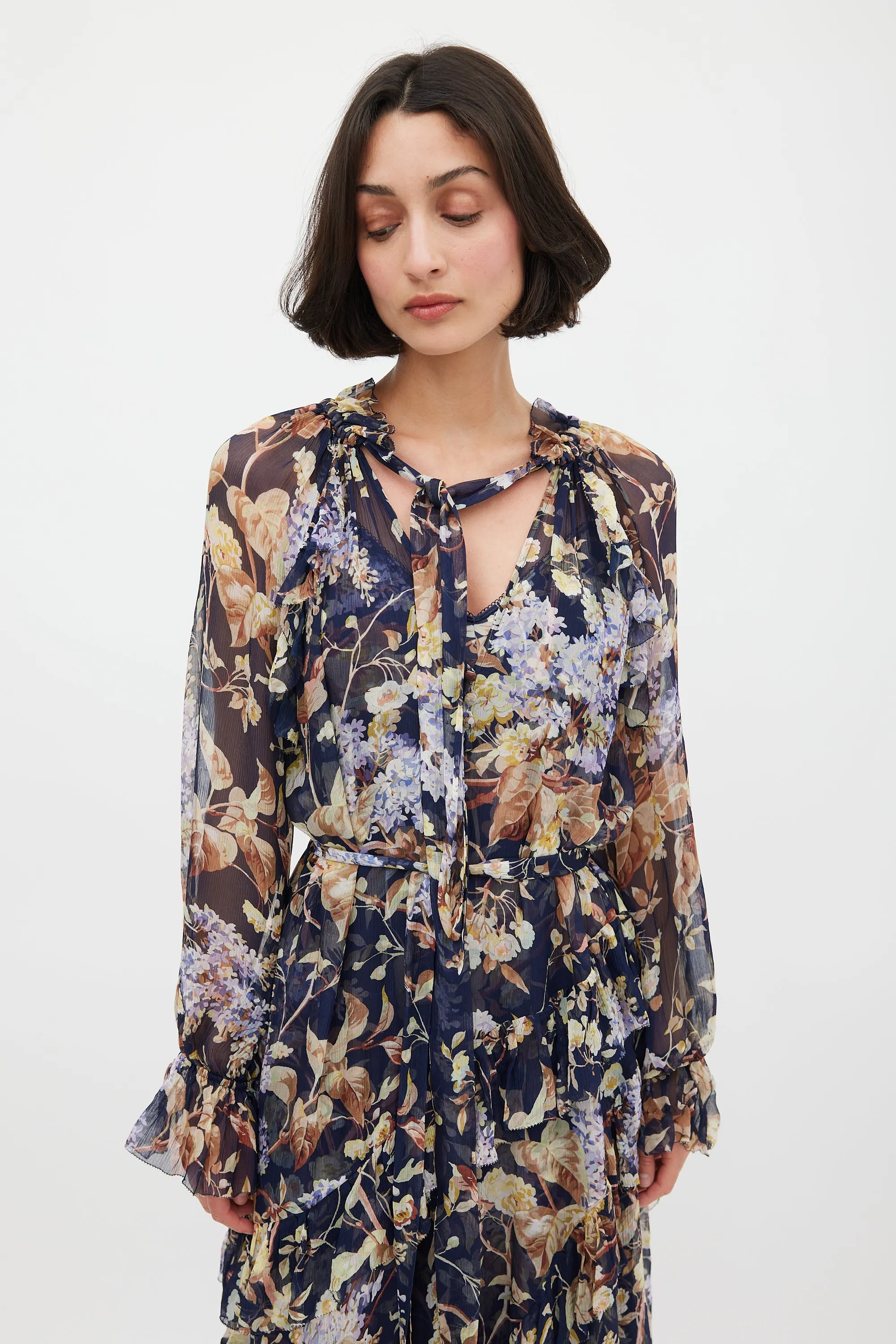 Navy & Multicolour Floral Silk Ruffled Dress