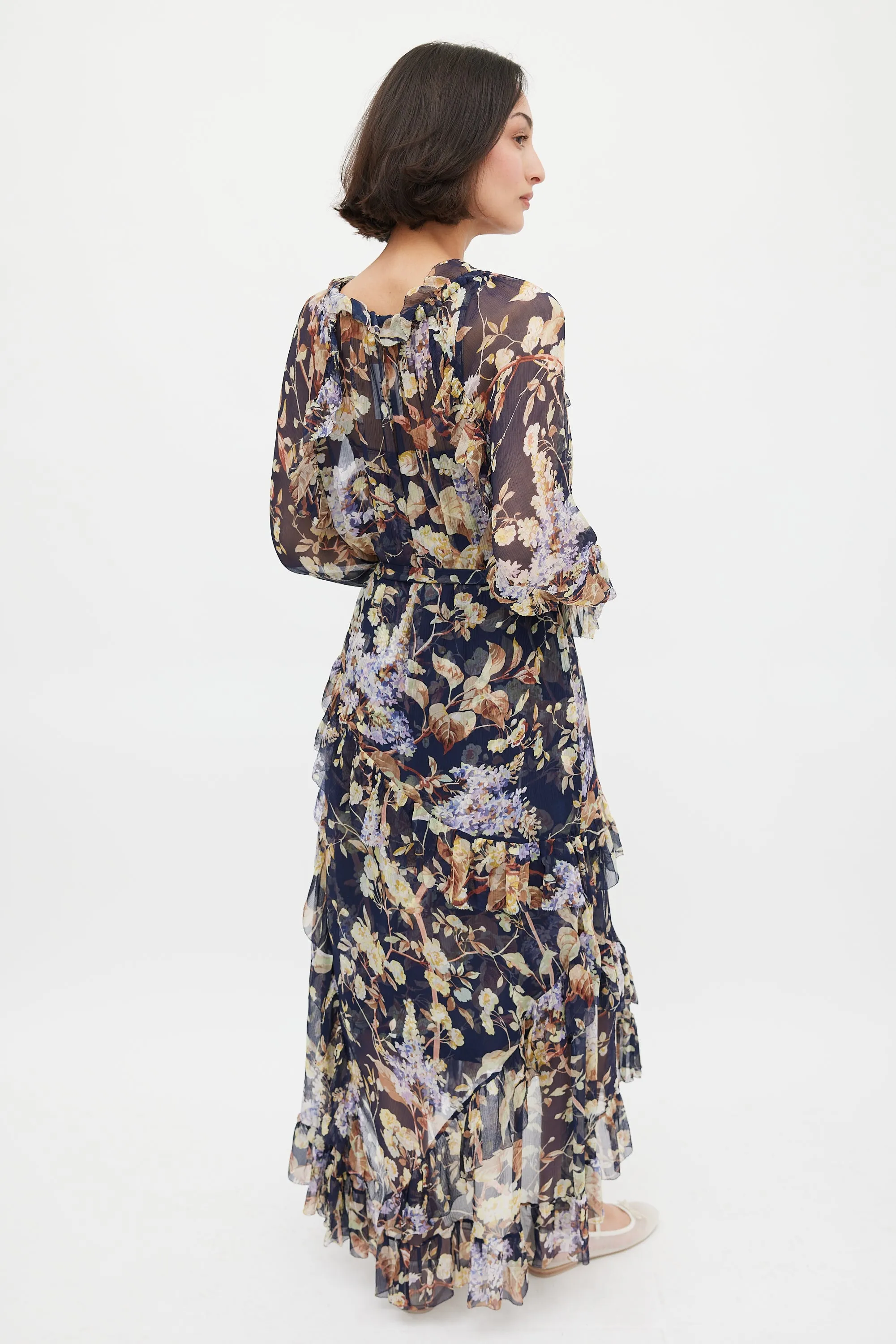 Navy & Multicolour Floral Silk Ruffled Dress