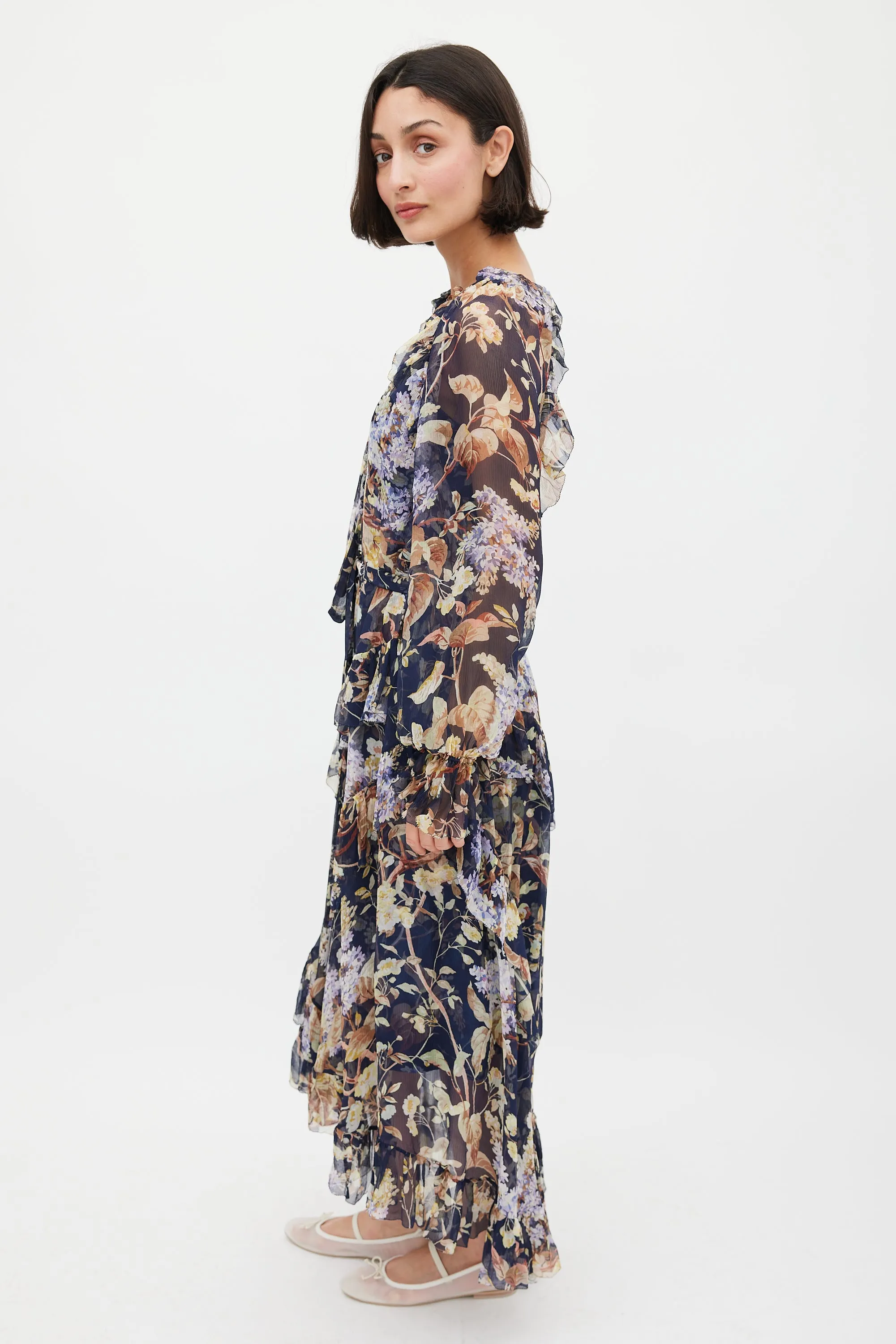 Navy & Multicolour Floral Silk Ruffled Dress