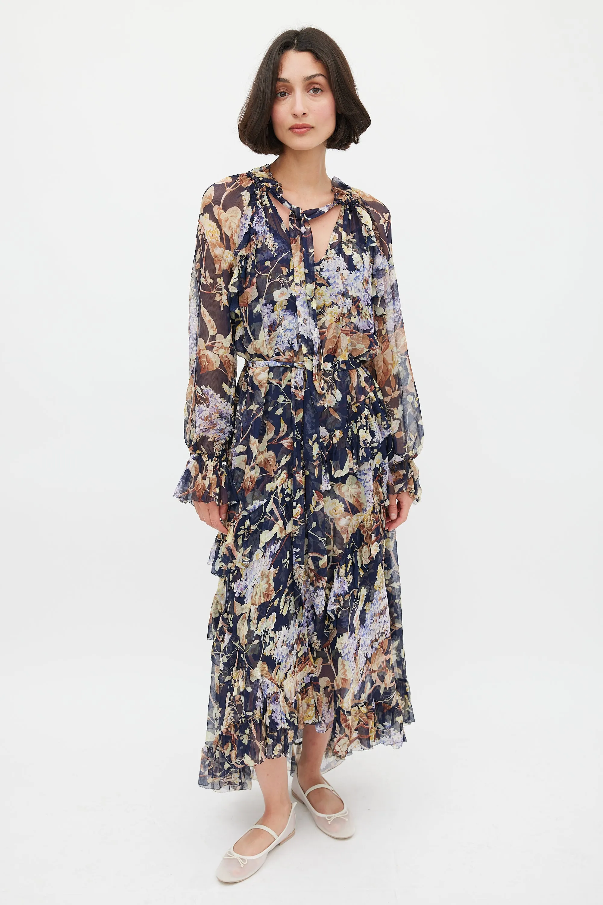 Navy & Multicolour Floral Silk Ruffled Dress