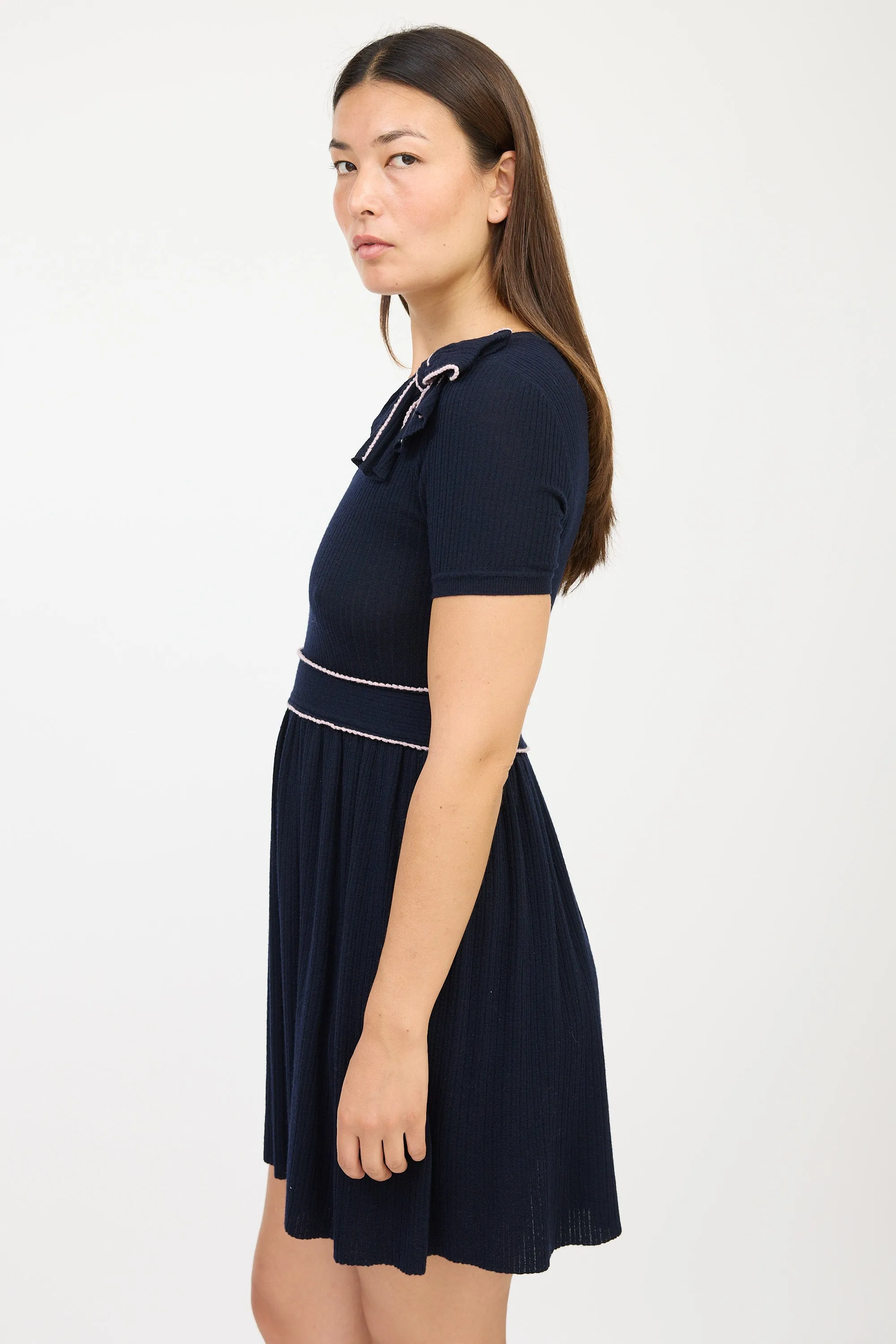 Navy & Pink Wool Bow Sweater Dress