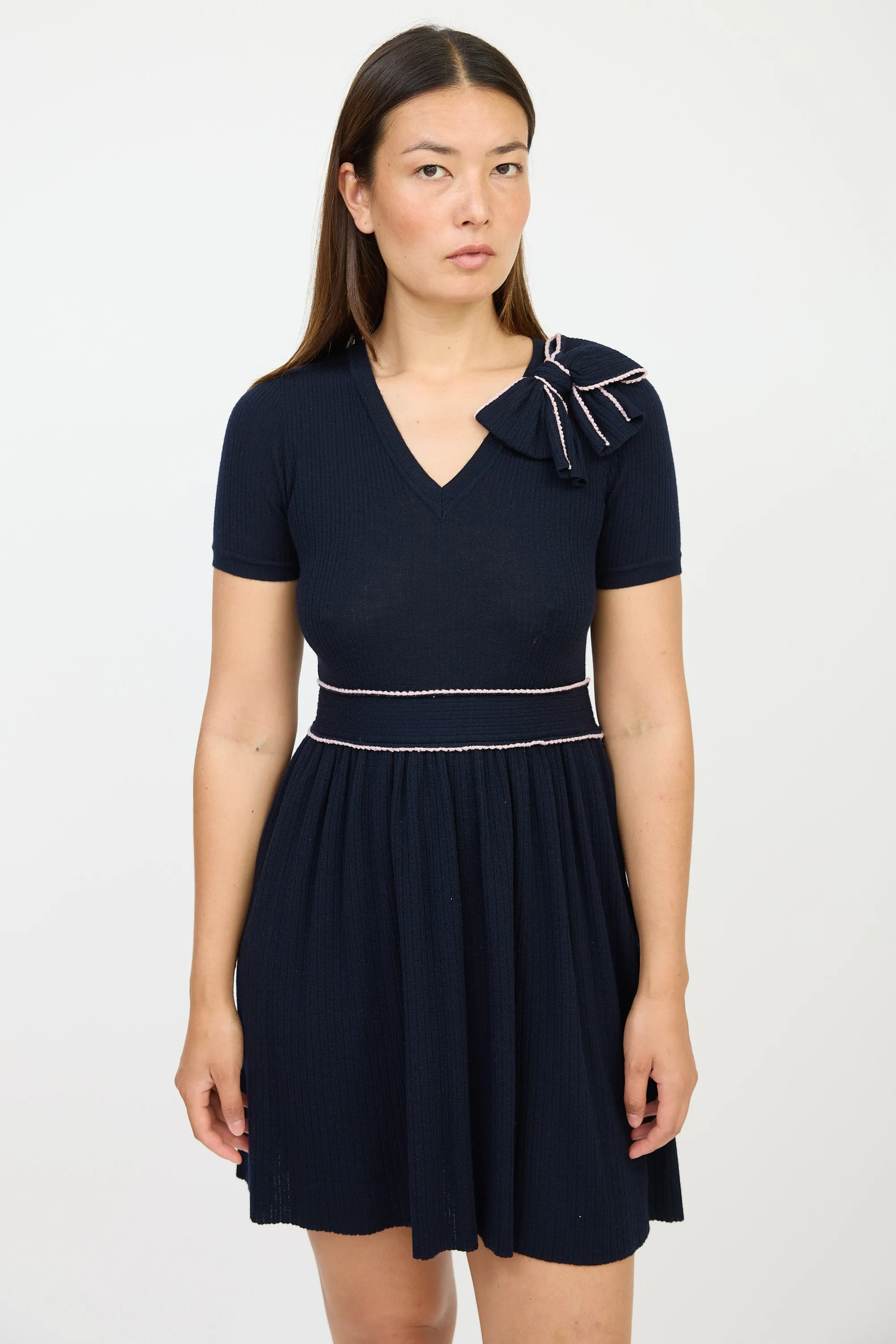 Navy & Pink Wool Bow Sweater Dress