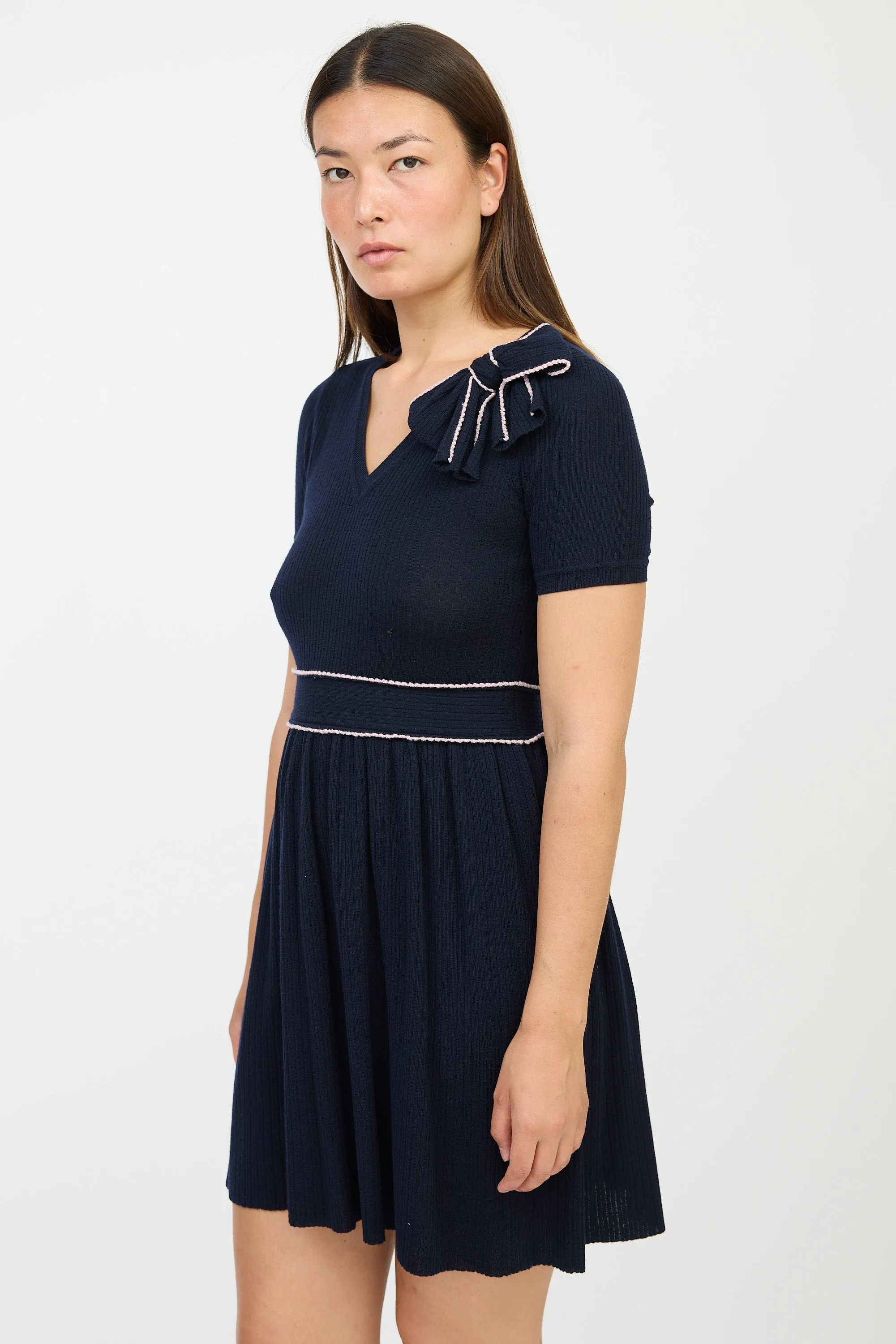 Navy & Pink Wool Bow Sweater Dress