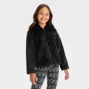 New - Girls' Faux Fur Zip-Up Jacket - Cat & Jack Black XS