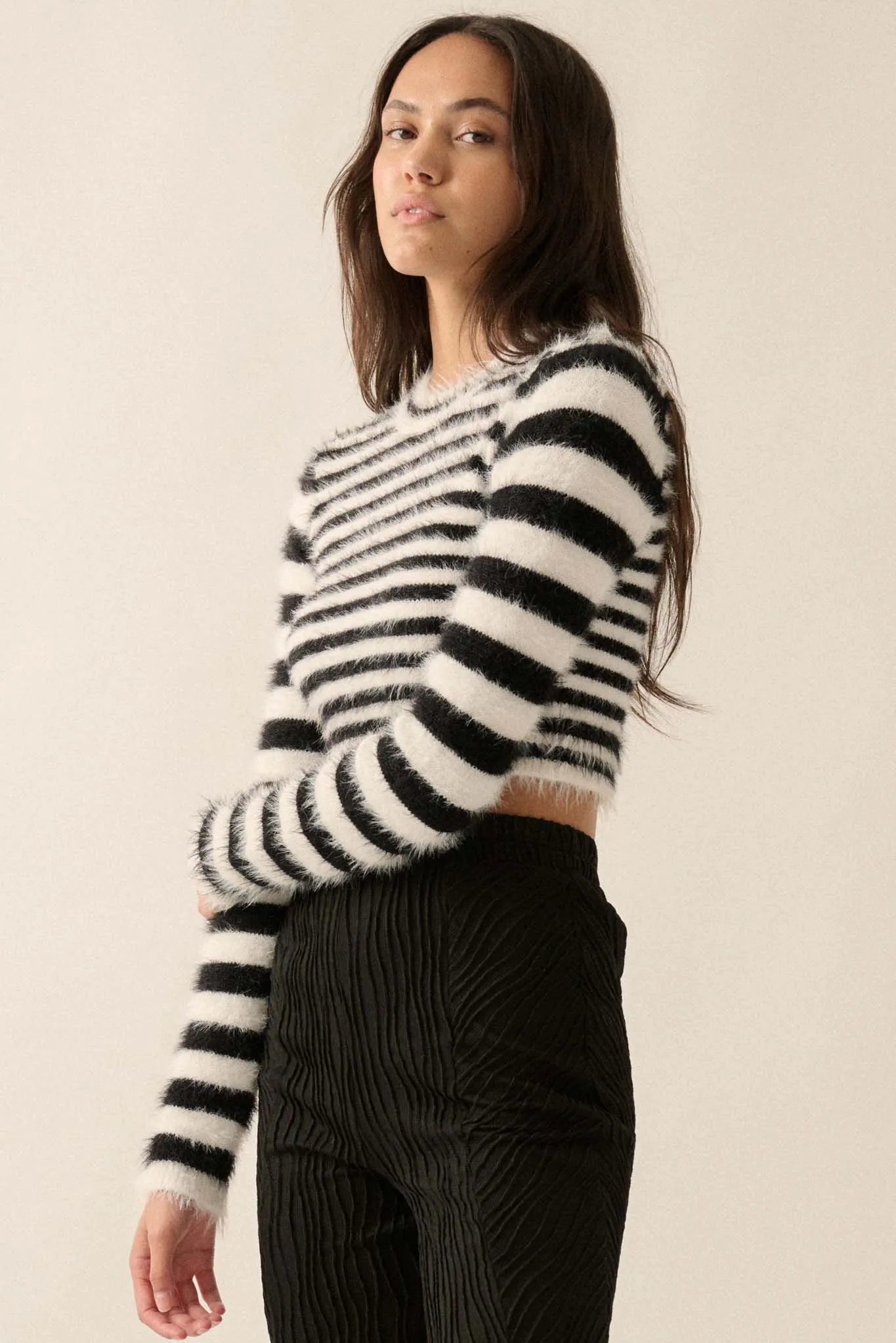 Outside the Lines Striped Fuzzy Knit Crop Sweater