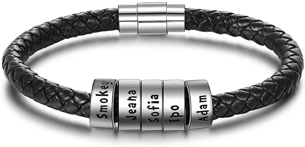 Personalized Leather Men Bracelets Silver Name Beads Charm Bracelets Hand Stamped Name ID