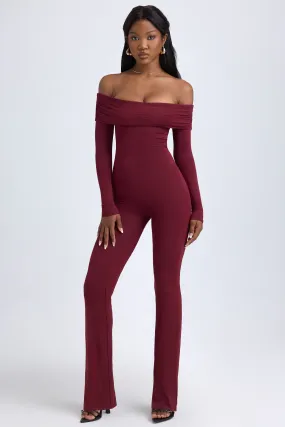 Petite Modal Off-Shoulder Ruched Jumpsuit in Wine Red