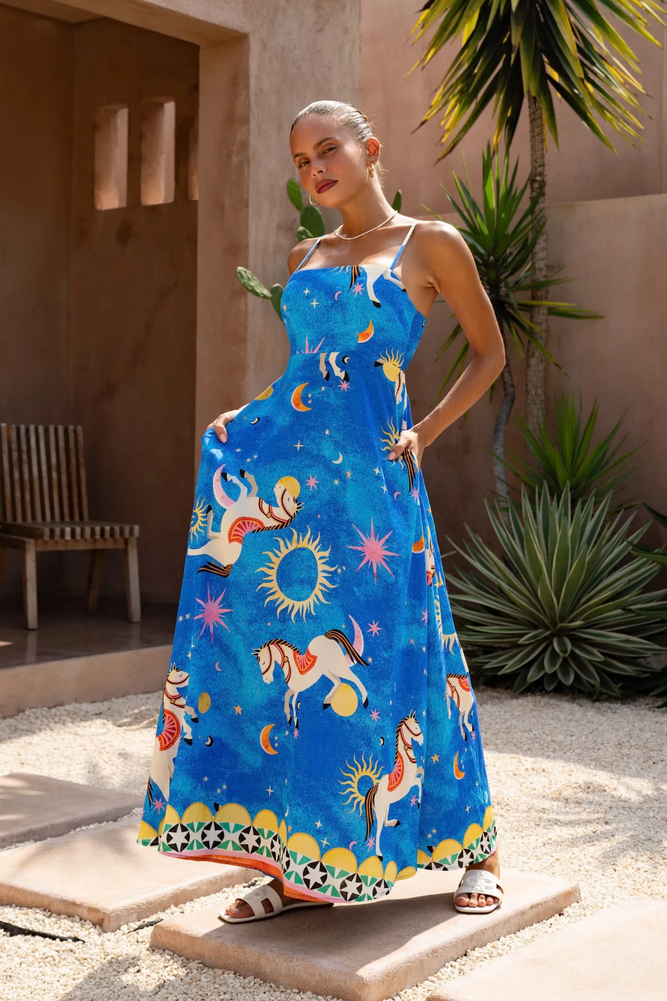 Philippa Blue Abstract Flared Maxi Dress