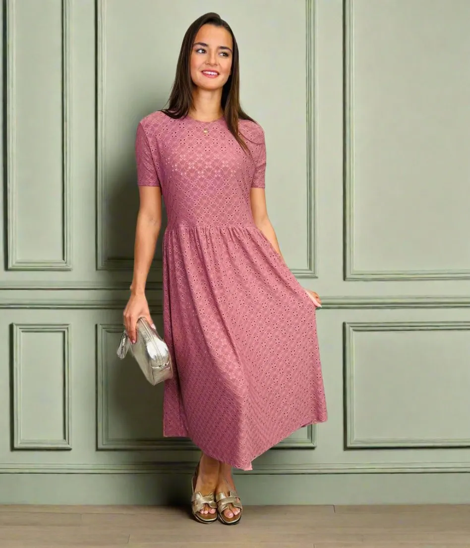 Pink Broderie Anglaise Stretch Midi Dress