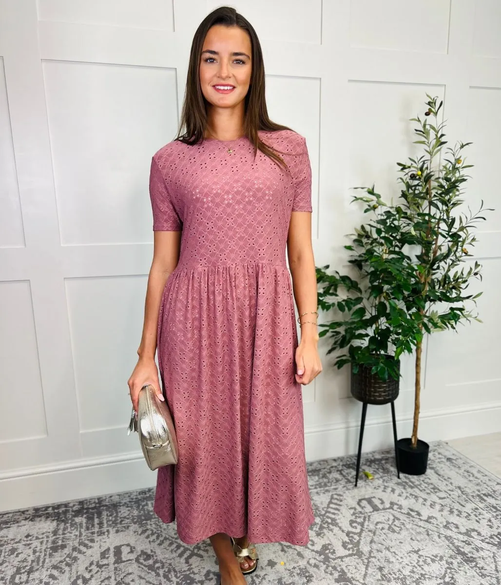 Pink Broderie Anglaise Stretch Midi Dress