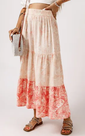 Pink Floral Print Ruffle Hem Tiered Maxi Skirt