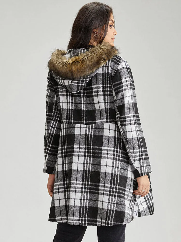 Plaid Patchwork Duffle Button Fuzzy Trim Coat