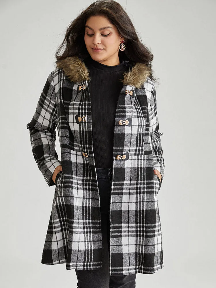 Plaid Patchwork Duffle Button Fuzzy Trim Coat