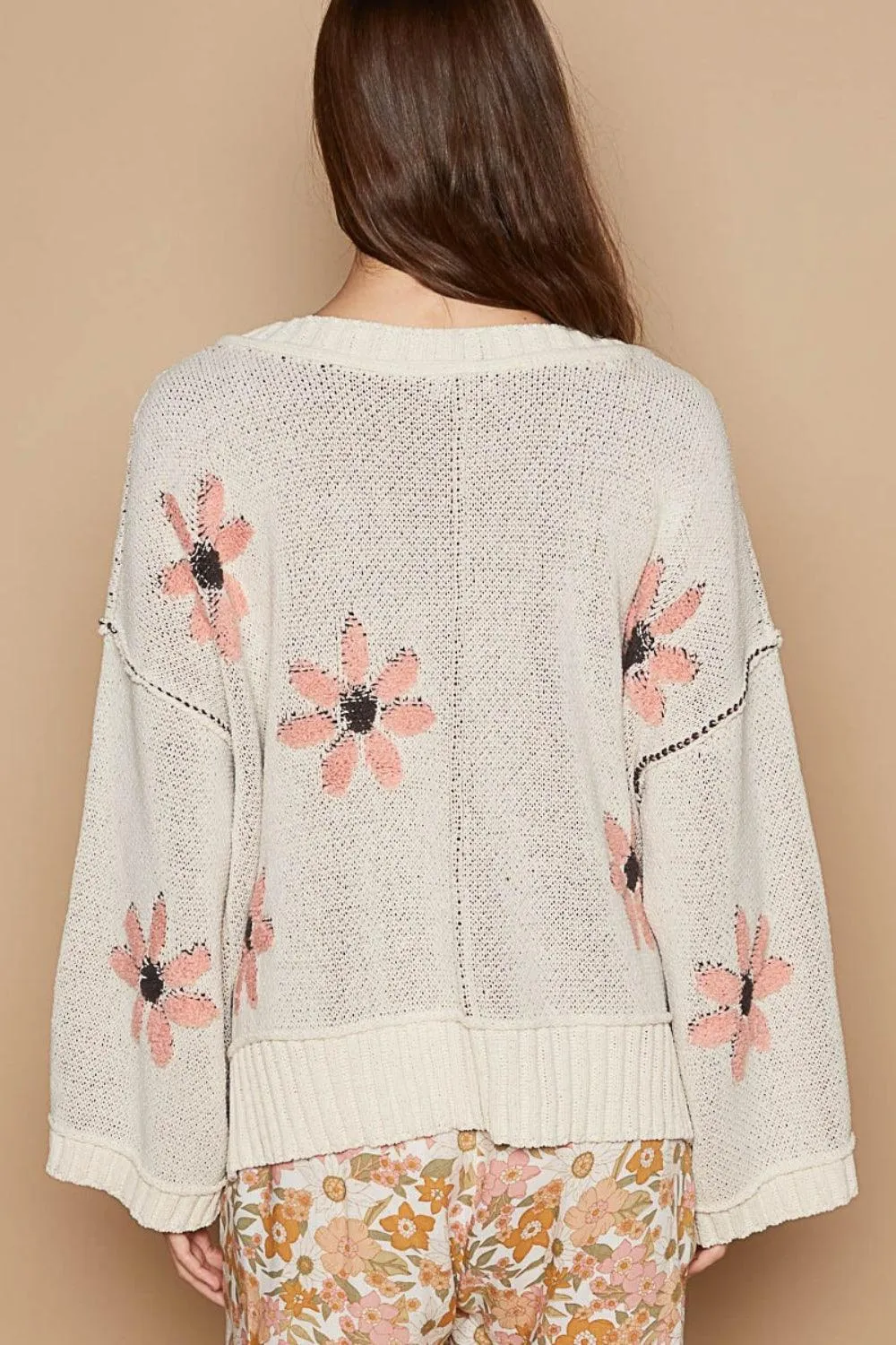 POL Sweater V-Neck Floral Pattern Chenille Outseam Edge Pullover