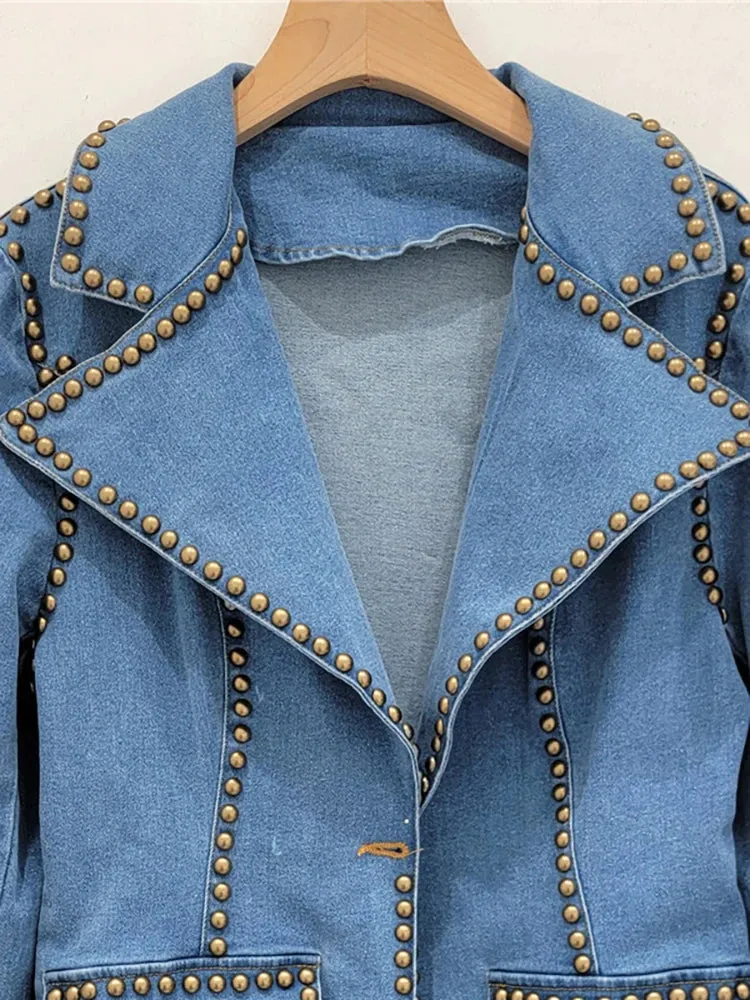 Pre Order:  Notched Collar Pocket Rivet Long Sleeved Denim Jacket