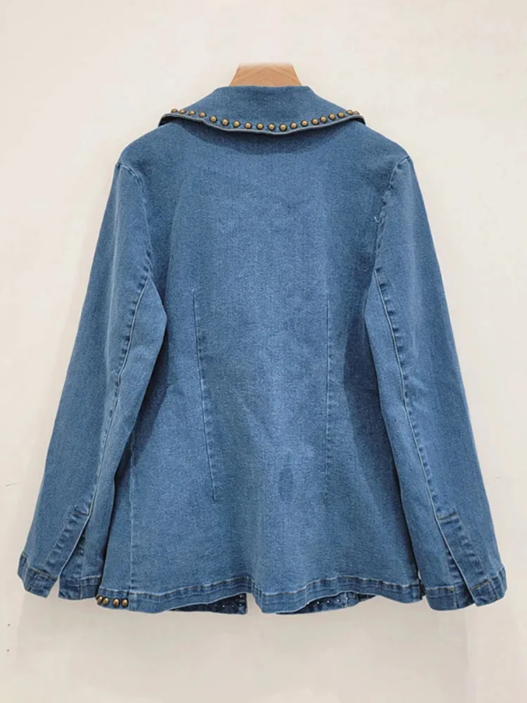 Pre Order:  Notched Collar Pocket Rivet Long Sleeved Denim Jacket