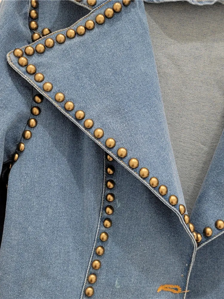 Pre Order:  Notched Collar Pocket Rivet Long Sleeved Denim Jacket