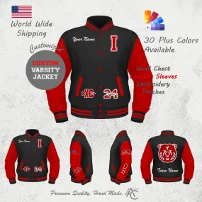 Premium  Letter Custom Varsity Letterman Jackets For Women with Genuine Cowhide Leather Sleeves- Black Red