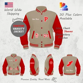 Premium  Letter Custom Varsity Letterman Jackets For Women with Genuine Cowhide Leather Sleeves- Off White Red