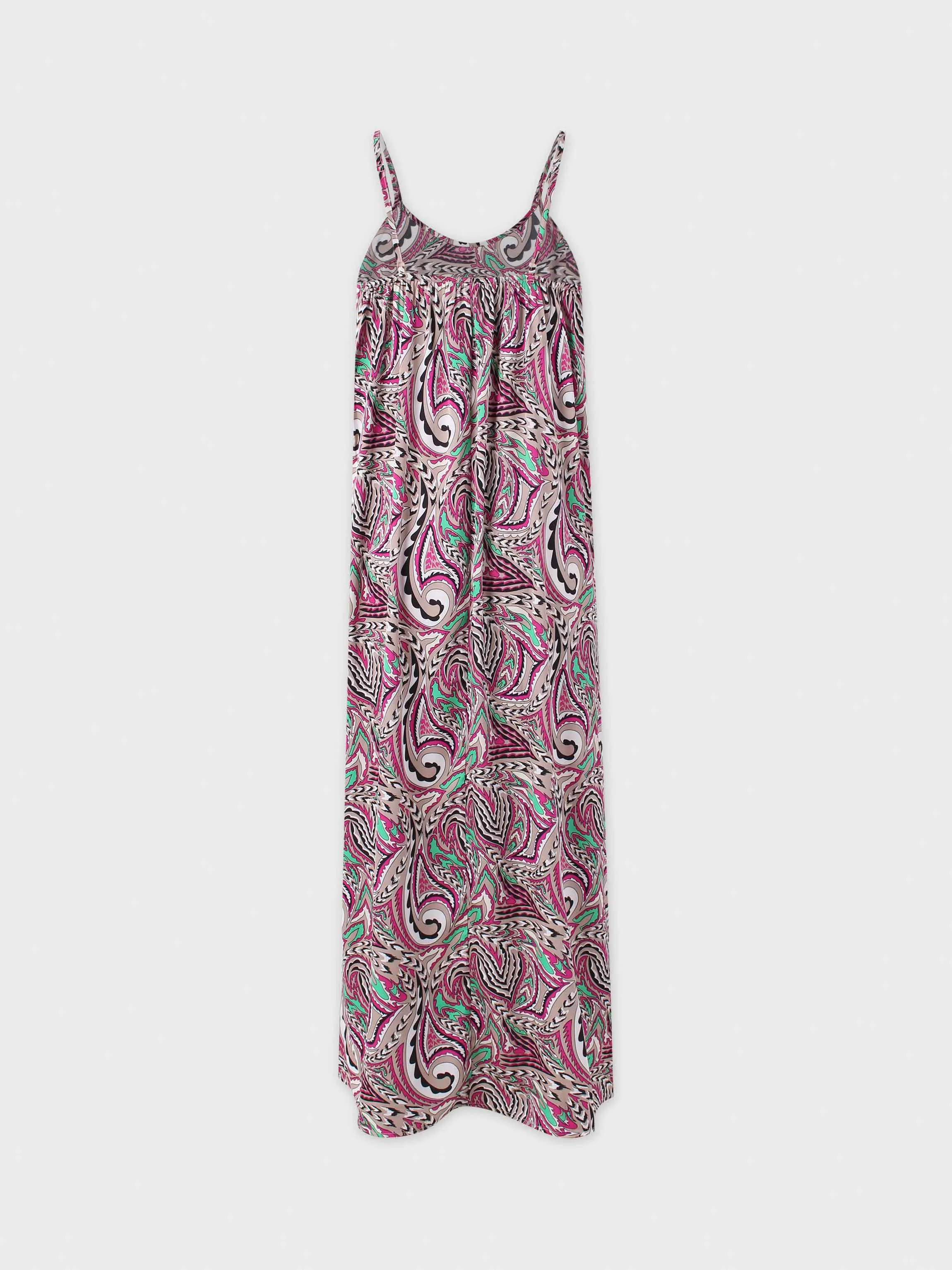 Printed Crew Neck Slip Dress-Fuchsia Paisley