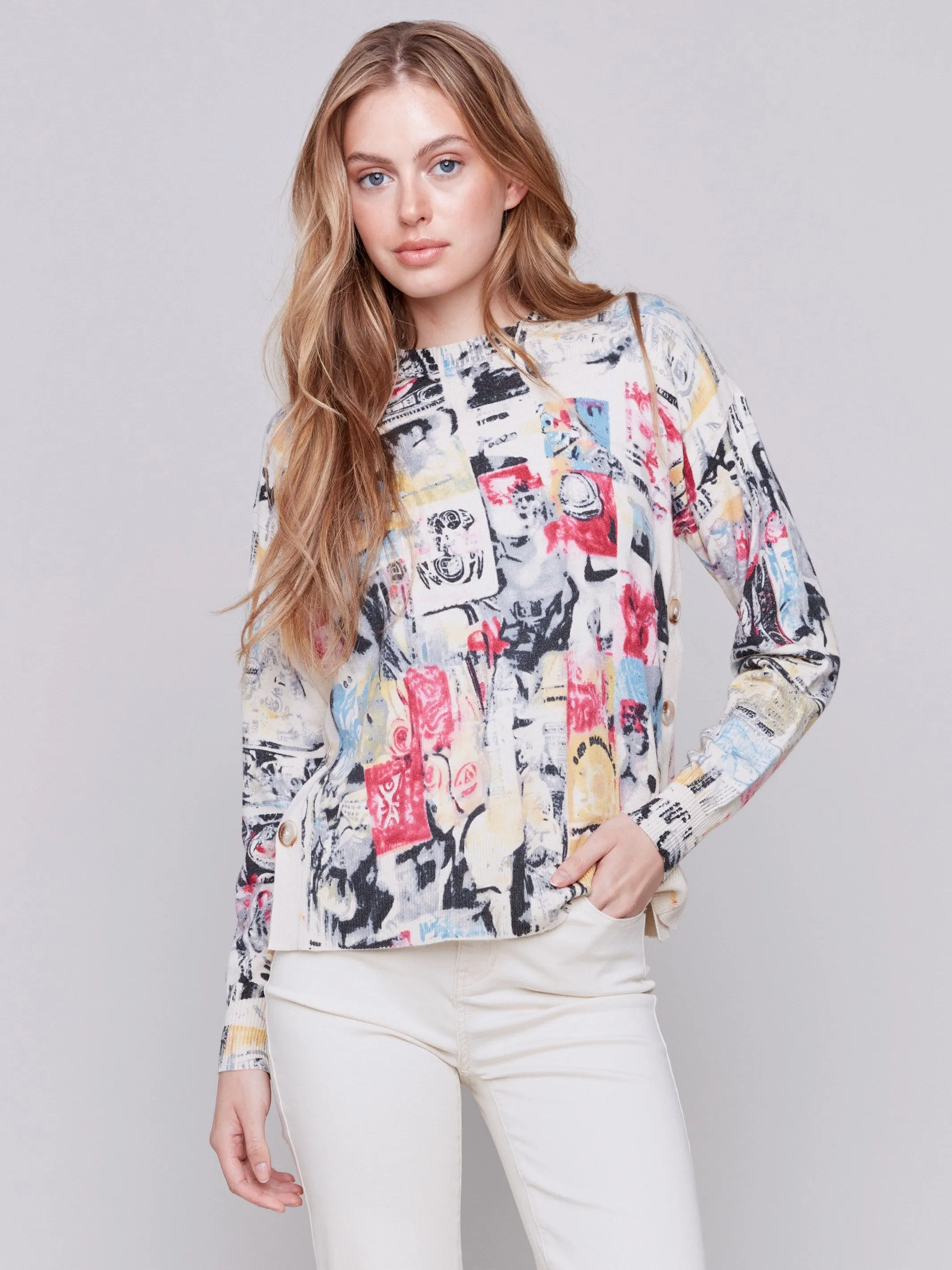 Printed Sweater With Side Buttons - Cartoon