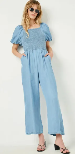 Puff Sleeve Denim Jumpsuit