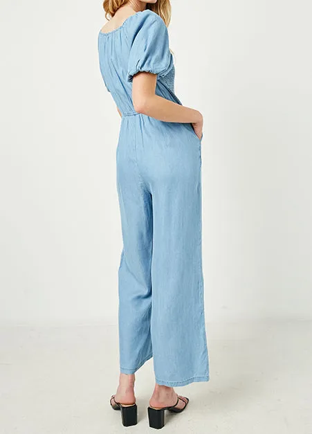 Puff Sleeve Denim Jumpsuit