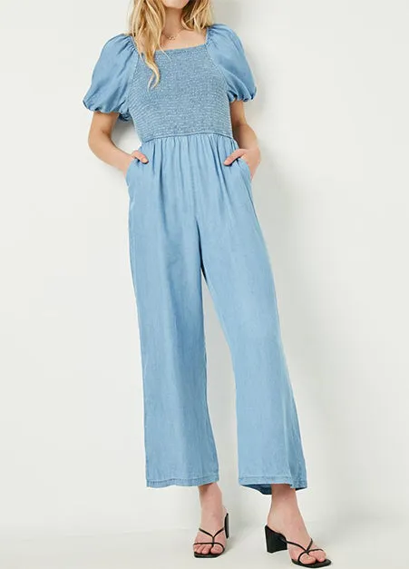 Puff Sleeve Denim Jumpsuit