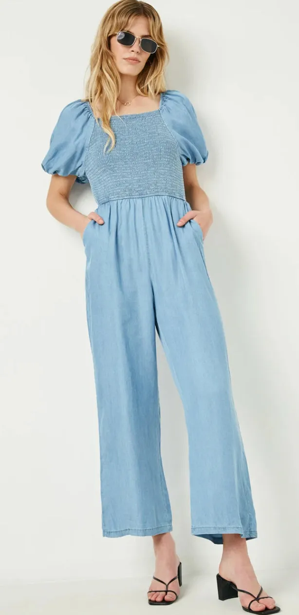 Puff Sleeve Denim Jumpsuit