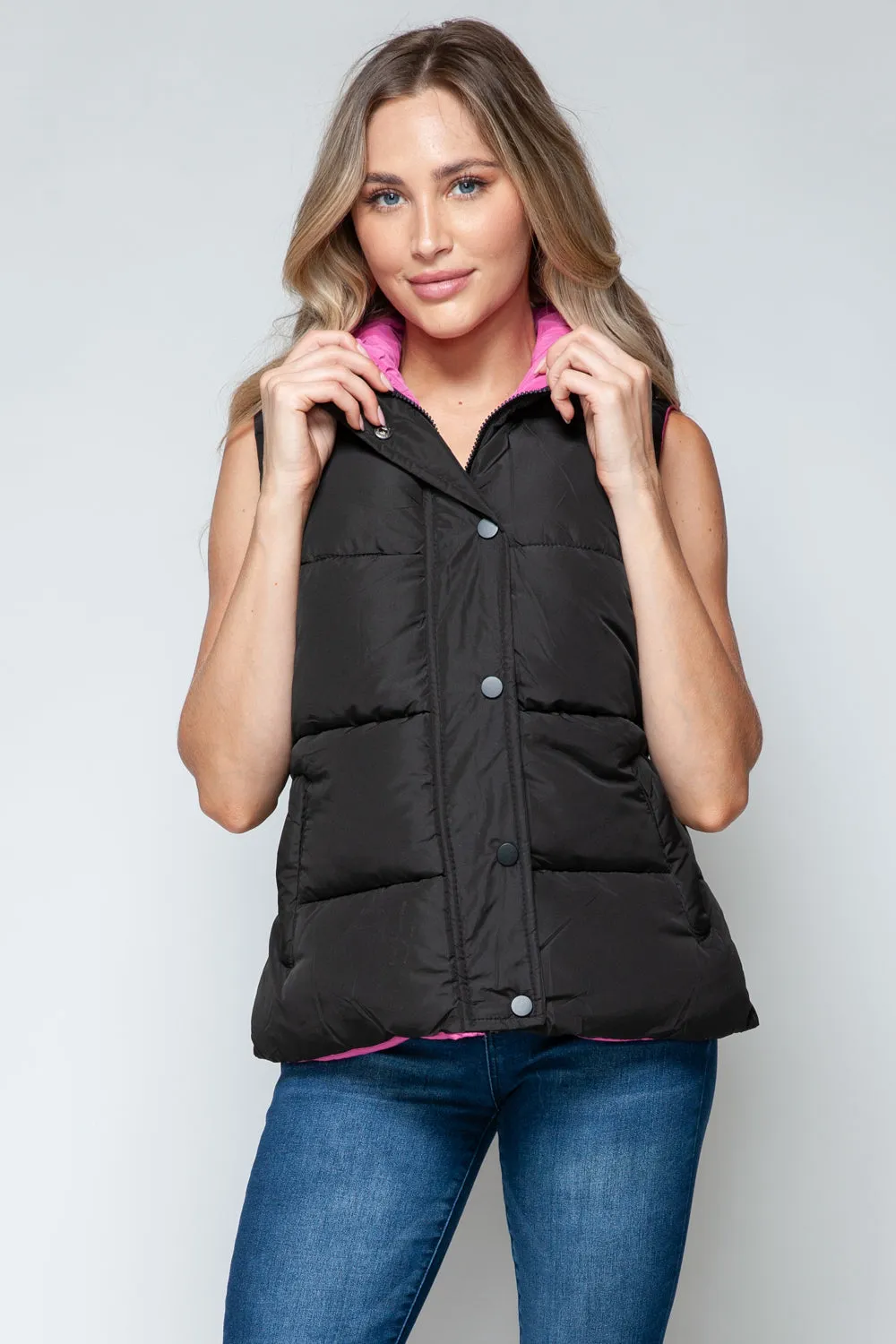 Puffy Sleeveless Jacket New Women's Fashion Snap and Zip Closure Hooded Vest