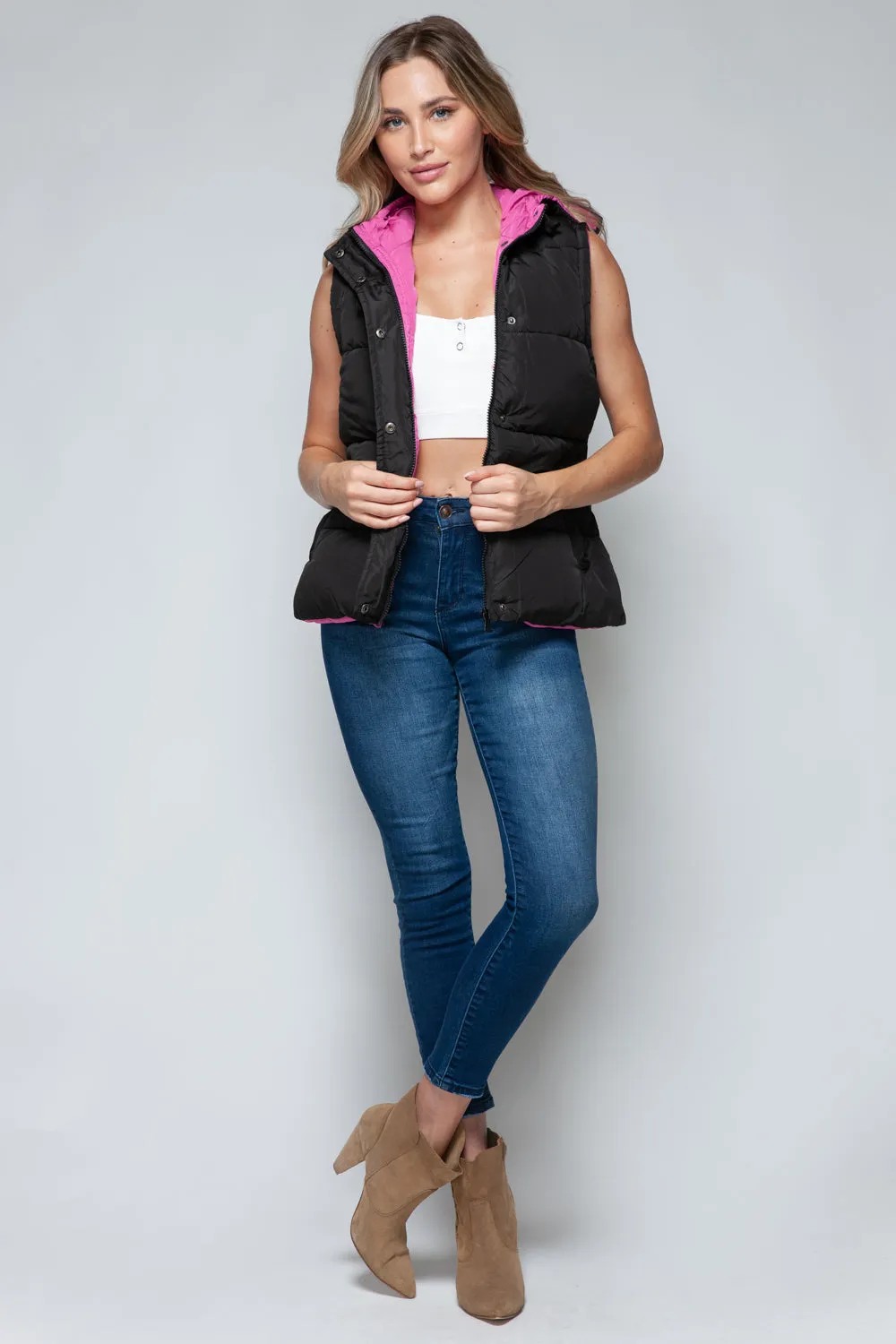 Puffy Sleeveless Jacket New Women's Fashion Snap and Zip Closure Hooded Vest