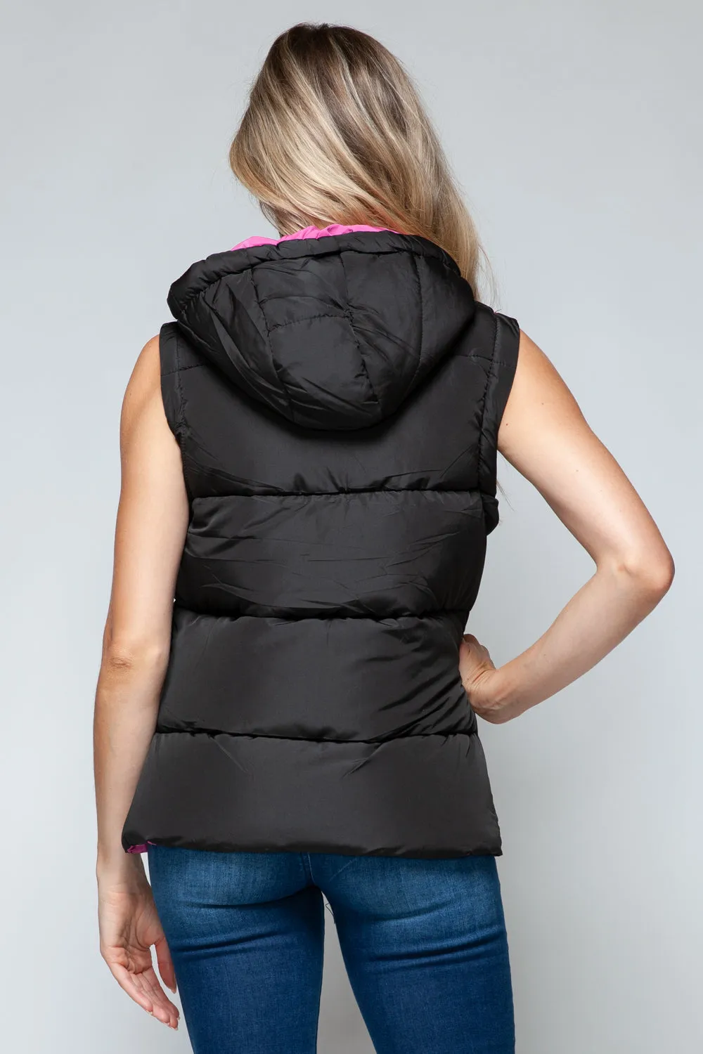 Puffy Sleeveless Jacket New Women's Fashion Snap and Zip Closure Hooded Vest