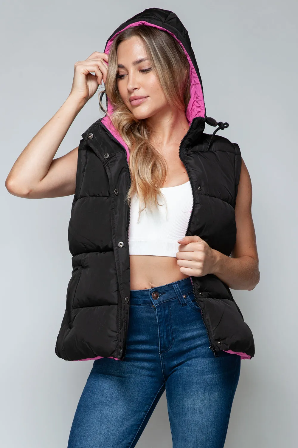 Puffy Sleeveless Jacket New Women's Fashion Snap and Zip Closure Hooded Vest