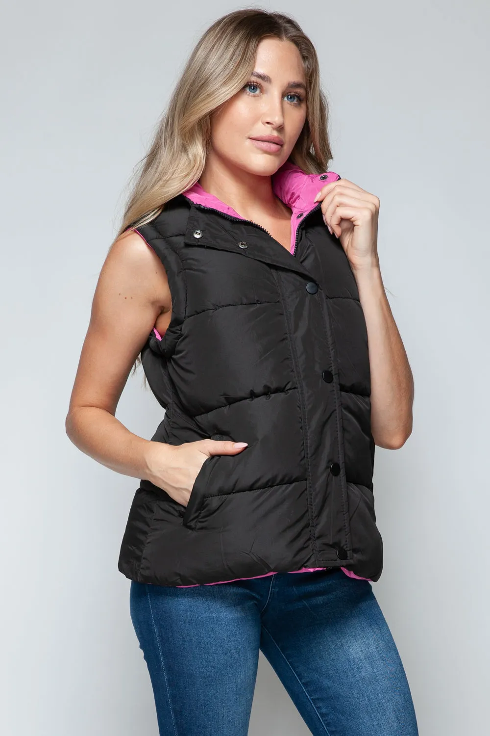 Puffy Sleeveless Jacket New Women's Fashion Snap and Zip Closure Hooded Vest