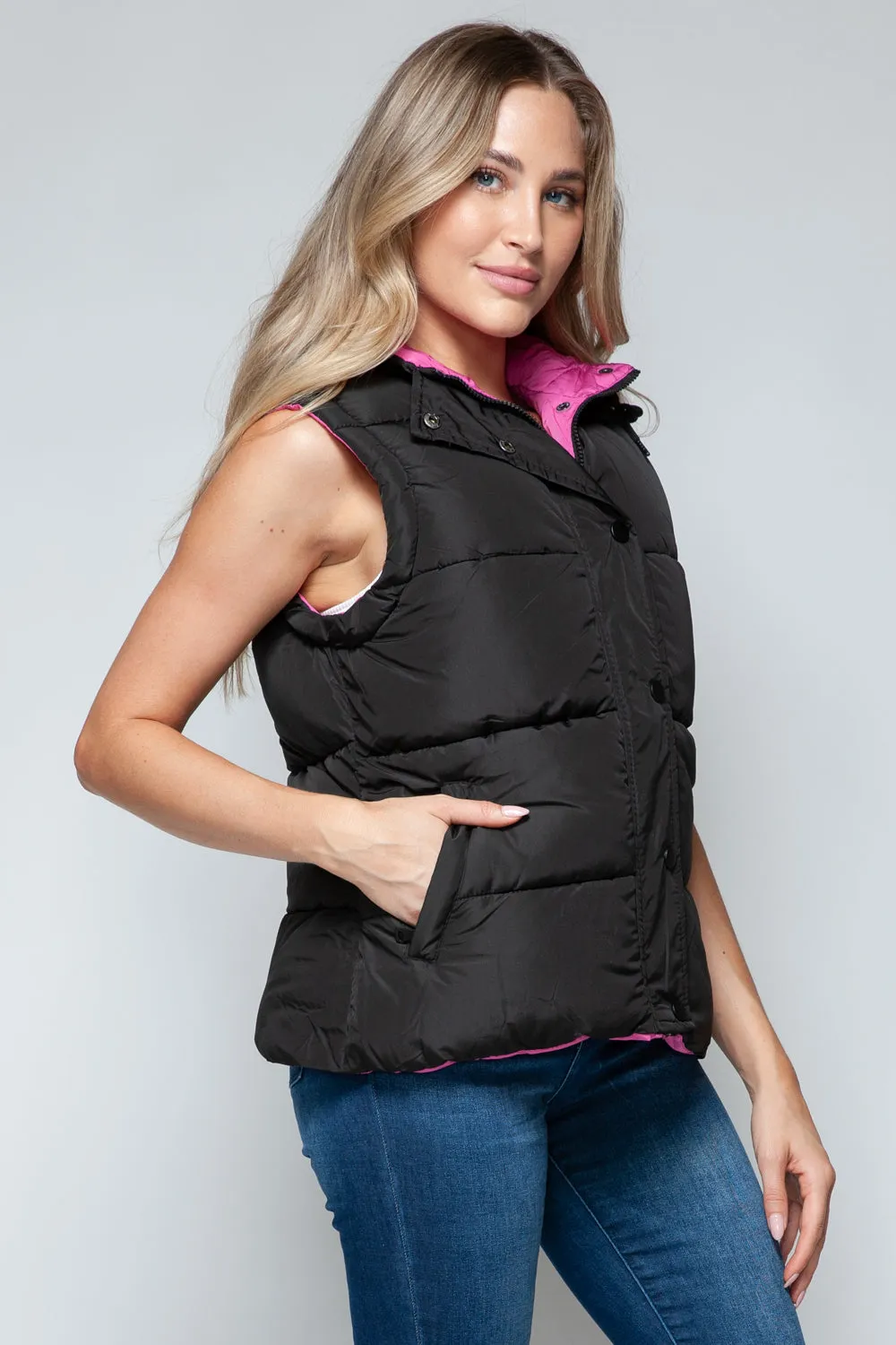 Puffy Sleeveless Jacket New Women's Fashion Snap and Zip Closure Hooded Vest