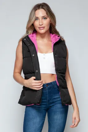 Puffy Sleeveless Jacket New Women's Fashion Snap and Zip Closure Hooded Vest