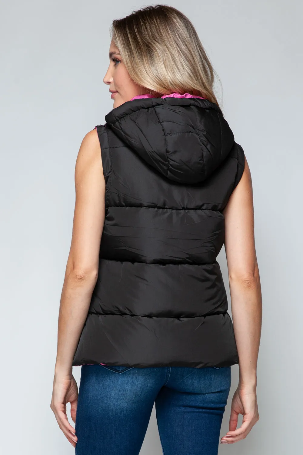 Puffy Sleeveless Jacket New Women's Fashion Snap and Zip Closure Hooded Vest