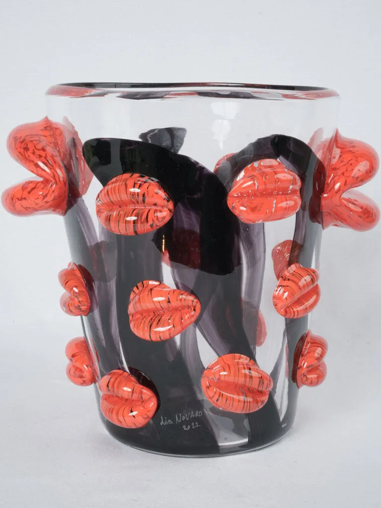 "Kiss me everywhere" ice bucket w/ red blown-glass lips by Léa Novaro